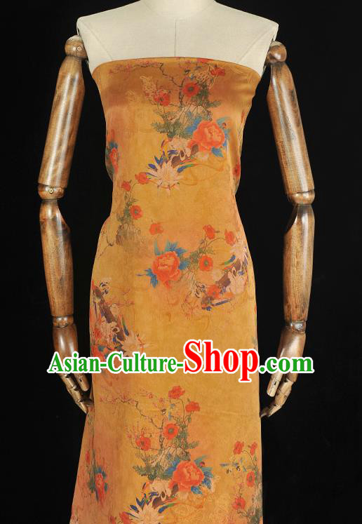 Top Chinese Jacquard Satin Classical Cheongsam Yellow Gambiered Guangdong Gauze Fabric Traditional Flowers Pattern Silk Material