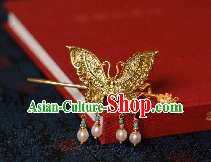 China Traditional Ming Dynasty Noble Lady Butterfly Hair Crown and Hairpin Hair Accessories Ancient Hanfu Gilding Hair Jewelry