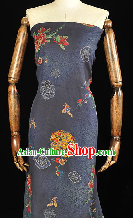 Top Traditional Peony Butterfly Pattern Navy Gambiered Guangdong Gauze Fabric Chinese Classical Cheongsam Silk Material