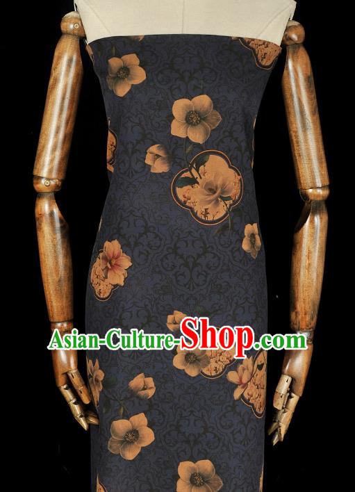 Top Cheongsam Gambiered Guangdong Gauze Chinese Traditional Cloth Fabric Classical Flowers Pattern Navy Silk Material