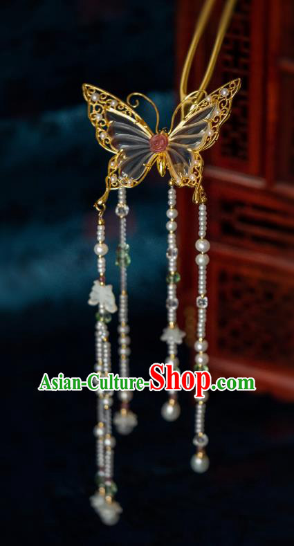 China Traditional Hanfu Crystal Butterfly Tassel Hairpin Ancient Ming Dynasty Gilding Hair Jewelry Hair Accessories