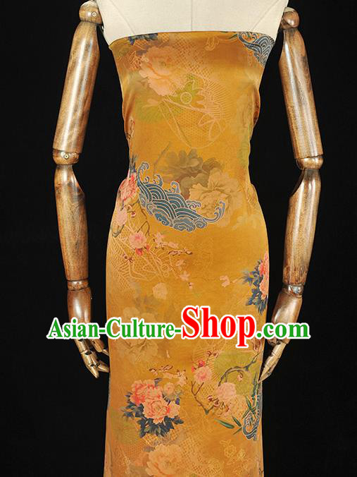 Chinese Traditional Top Cloth Fabric Classical Peony Pattern Yellow Silk Material Cheongsam Gambiered Guangdong Gauze