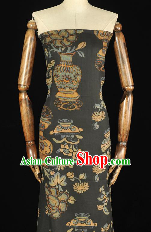 Chinese Classical Flower Vase Pattern Black Silk Material Top Cheongsam Cloth Fabric Traditional Gambiered Guangdong Gauze