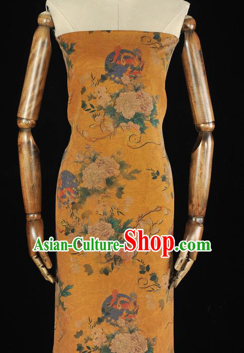 Chinese Traditional Fabric Cheongsam Gambiered Guangdong Gauze Classical Mangnolia Peony Pattern Yellow Silk Material
