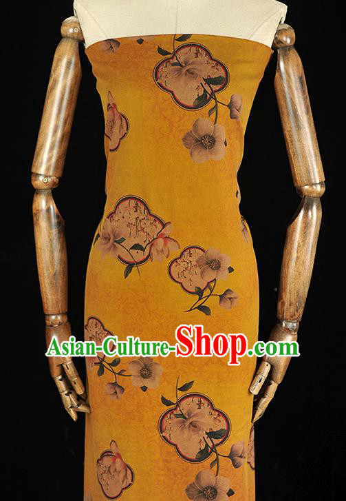 Top Chinese Cheongsam Gambiered Guangdong Gauze Traditional Cloth Fabric Classical Flowers Pattern Yellow Silk Material