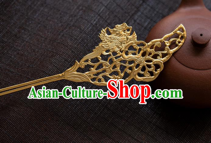 China Tang Dynasty Gilding Carving Phoenix Hairpins Ancient Princess Hair Stick Traditional Hanfu Hair Accessories