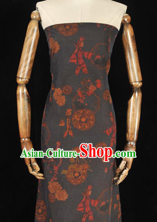 Chinese Traditional Gambiered Guangdong Gauze Cheongsam Craquelure Cloth Material Classical Shadow Puppetry Pattern Navy Silk Fabric