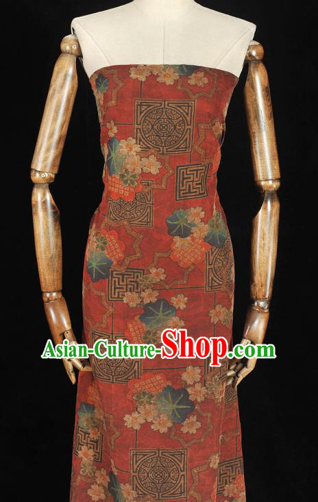 Chinese Dark Red Gambiered Guangdong Gauze Material Classical Blossom Pattern Silk Fabric Traditional Cheongsam Cloth