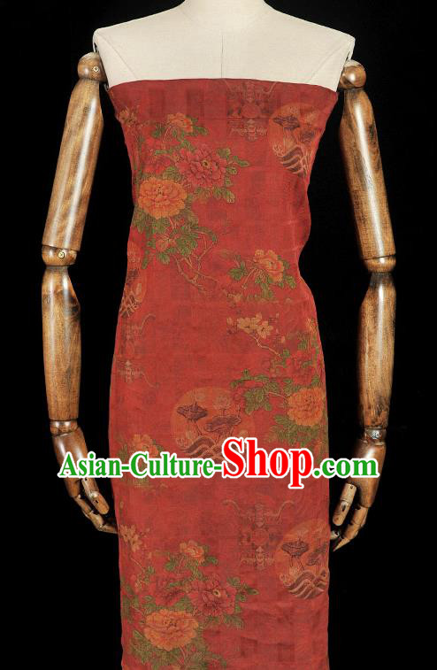 Chinese Cheongsam Cloth Material Classical Peony Flowers Pattern Silk Fabric Traditional Red Gambiered Guangdong Gauze