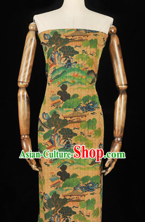 Chinese Cheongsam Yellow Cloth Material Traditional Gambiered Guangdong Gauze Classical Pavilion Pattern Silk Fabric