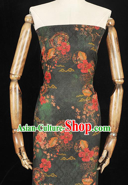 Chinese Traditional Gambiered Guangdong Gauze Classical Peony Plum Pattern Silk Fabric Cheongsam Green Cloth Material