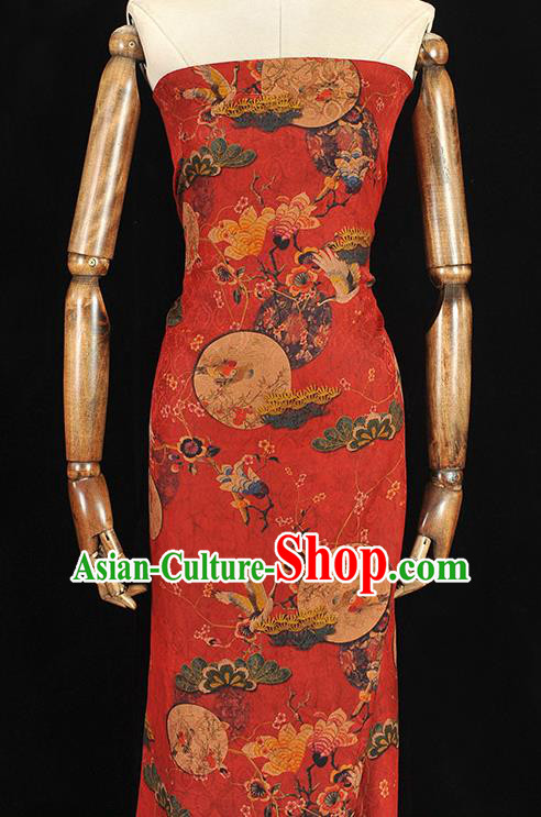 Chinese Traditional Red Gambiered Guangdong Gauze Classical Crane Plum Pattern Silk Fabric Cheongsam Cloth Material