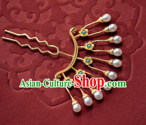 China Ming Dynasty Pearls Hair Clip Traditional Hanfu Hair Accessories Ancient Princess Gilding Hairpin Hair Stick