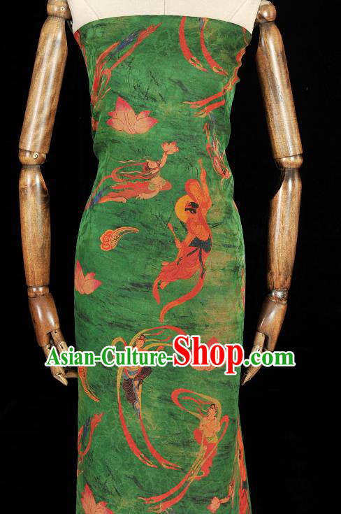 Chinese Traditional Green Gambiered Guangdong Gauze Cheongsam Cloth Material Classical Flying Apsaras Pattern Silk Fabric