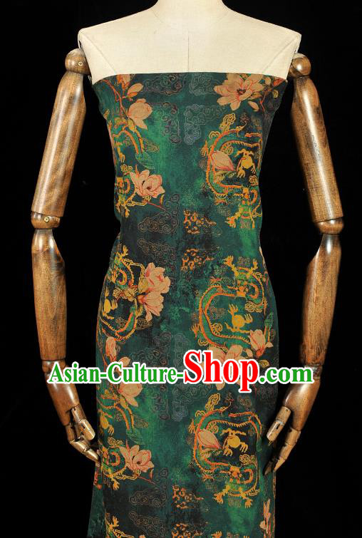 Chinese Classical Mangnolia Pattern Gambiered Guangdong Gauze Cloth Material Traditional Cheongsam Deep Green Silk Fabric