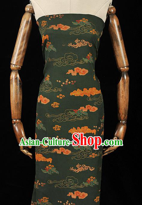 Chinese Traditional Cheongsam Atrovirens Silk Fabric Classical Clouds Pattern Gambiered Guangdong Gauze Cloth Material