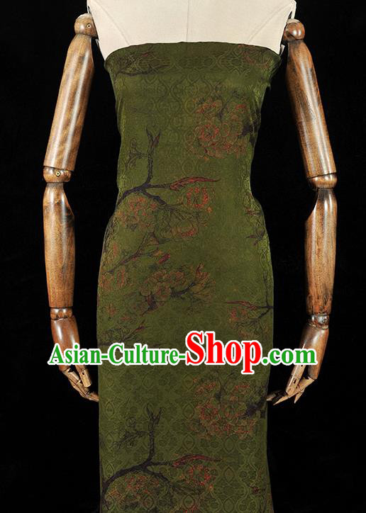 Chinese Traditional Deep Green Silk Fabric Cheongsam Cloth Material Classical Peach Blossom Pattern Gambiered Guangdong Gauze