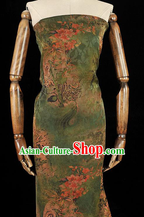 Chinese Traditional Cheongsam Cloth Material Classical Peach Blossom Pattern Gambiered Guangdong Gauze Deep Green Silk Fabric