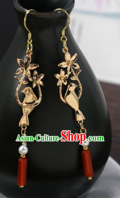 Handmade Chinese National New Year Earrings Traditional Cheongsam Classical Golden Bird Ear Accessories