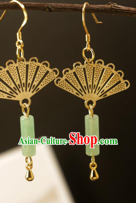 Handmade Chinese National Jade Tassel Earrings Traditional Cheongsam Classical Golden Fan Ear Accessories