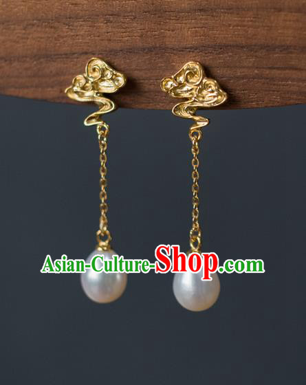 China Traditional Ming Dynasty Pearls Earrings Ancient Court Empress Golden Cloud Ear Jewelry Accessories