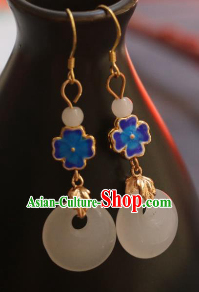 Handmade Traditional Enamel Flower Ear Accessories Chinese National White Jade Ring Earrings