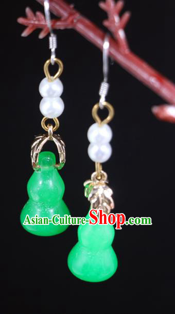 Handmade Traditional Green Jade Gourd Ear Accessories Chinese Hanfu Jewelry National Earrings