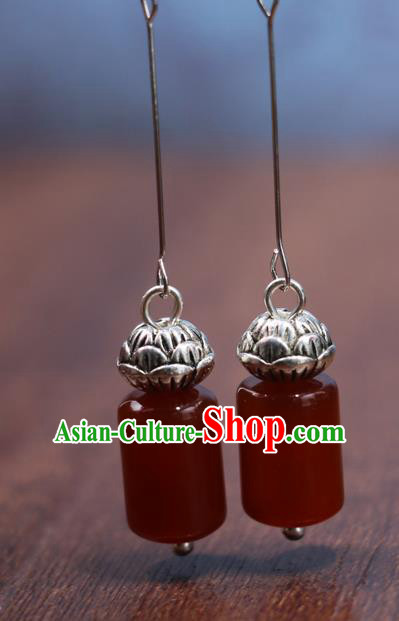 Handmade Traditional Silver Lotus Ear Accessories Chinese Hanfu Jewelry National Agate Earrings