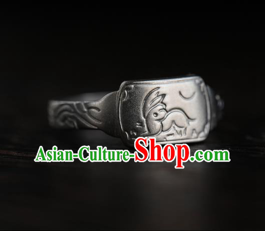 China Ming Dynasty Silver Ring Ancient Princess Carving Rabbit Finger Ring for Women