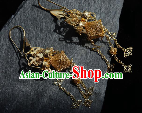 Handmade Chinese Traditional Ming Dynasty Tassel Ear Accessories Jewelry Ancient Court Empress Golden Earrings