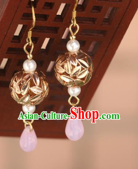 Handmade Traditional Classical Ear Accessories Chinese National Golden Bamboo Leaf Earrings