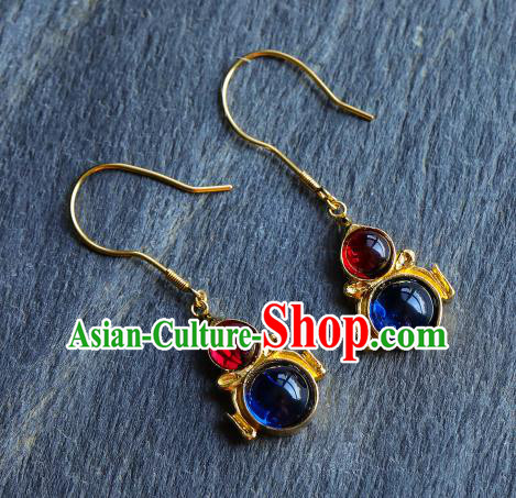 Handmade Chinese Traditional Ming Dynasty Ear Accessories Gems Jewelry Ancient Court Empress Golden Gourd Earrings