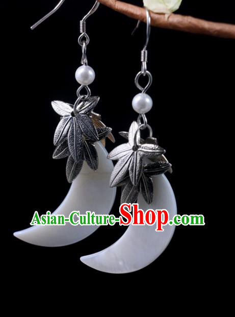 Handmade Traditional Shell Moon Ear Accessories Chinese National Silver Maple Leaf Earrings