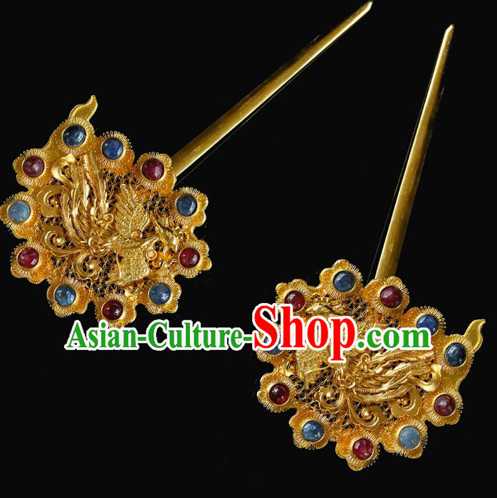 China Traditional Hanfu Hair Accessories Handmade Ancient Empress Hair Sticks Ming Dynasty Palace Golden Gems Hairpin for Women
