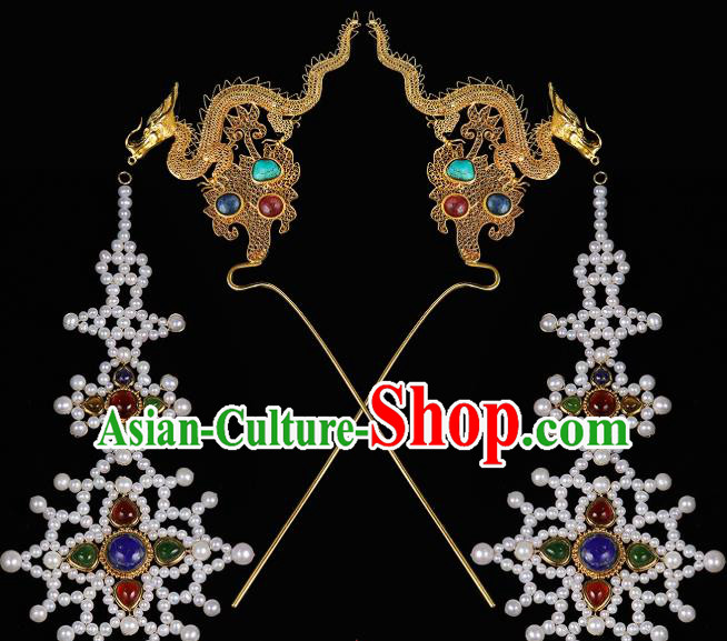 China Traditional Palace Hair Accessories Handmade Ancient Empress Tassel Hair Sticks Ming Dynasty Golden Dragon Hairpins for Women