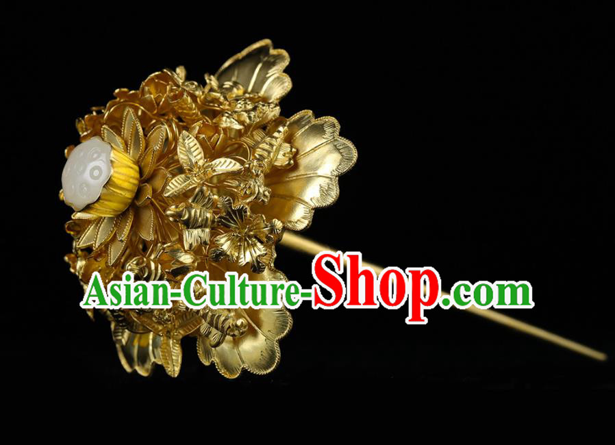 China Traditional Jade Lotus Seedpod Hair Accessories Handmade Ancient Empress Hairpin Ming Dynasty Golden Peony Hair Stick for Women