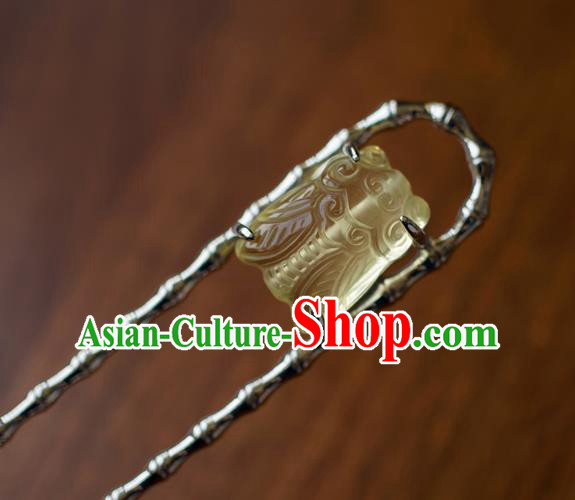 China Ming Dynasty Citrine Cicada Hairpin Traditional Ancient Court Woman Hair Accessories Hanfu Argent Bamboo Hair Stick