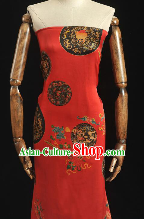 Top Grade Gambiered Guangdong Gauze Chinese Traditional Dragon Peach Pattern Red Silk Drapery Cheongsam Satin Fabric