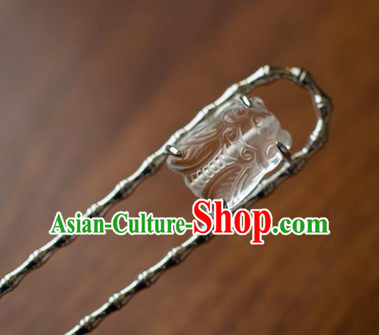 China Traditional Ancient Court Woman Hair Accessories Hanfu Argent Bamboo Hair Stick Ming Dynasty White Crystal Cicada Hairpin