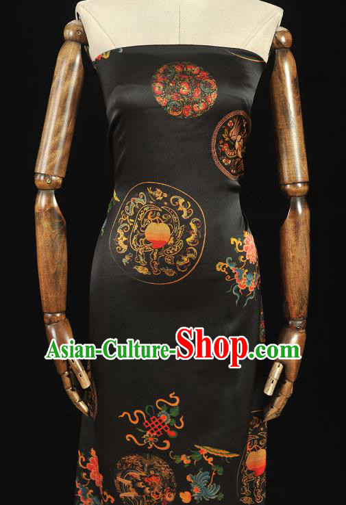 Top Grade Chinese Traditional Dragon Peach Pattern Black Silk Drapery Cheongsam Satin Fabric Gambiered Guangdong Gauze