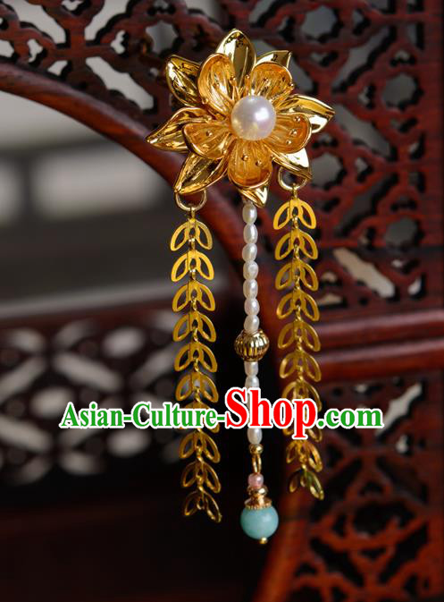 China Hanfu Pearls Tassel Hair Stick Traditional Ancient Princess Hair Accessories Qing Dynasty Golden Lotus Hairpin
