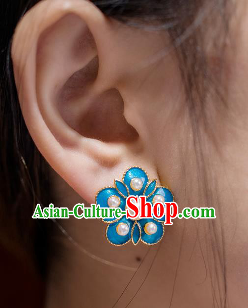 China Ancient Court Lady Pearls Ear Jewelry Accessories Traditional Qing Dynasty Enamel Plum Blossom Earrings