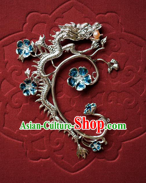 China Traditional Qing Dynasty Queen Gilding Dragon Earrings Ancient Empress Blue Plum Ear Jewelry Accessories