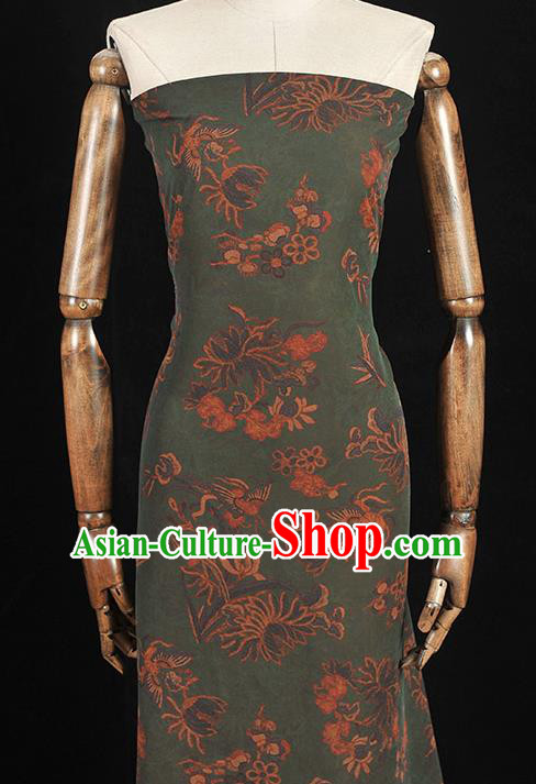 Top Gambiered Guangdong Gauze Cheongsam Fabric Chinese Traditional Chrysanthemum Pattern Deep Green Silk Drapery