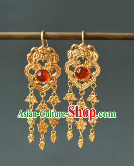 China Traditional Qing Dynasty Princess Agate Earrings Ancient Gilding Bat Ear Jewelry Accessories