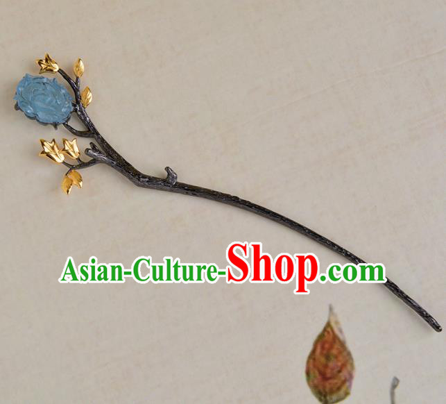 China Hanfu Peony Hair Stick Traditional Qing Dynasty Princess Aquamarine Hairpin Ancient Court Lady Hair Accessories Pearls Tassel Step Shake