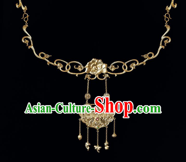 Chinese Ancient Noble Lady Xue Baochai Accessories Traditional Ming Dynasty Gilding Jewelry Tassel Gems Necklace Jewelry