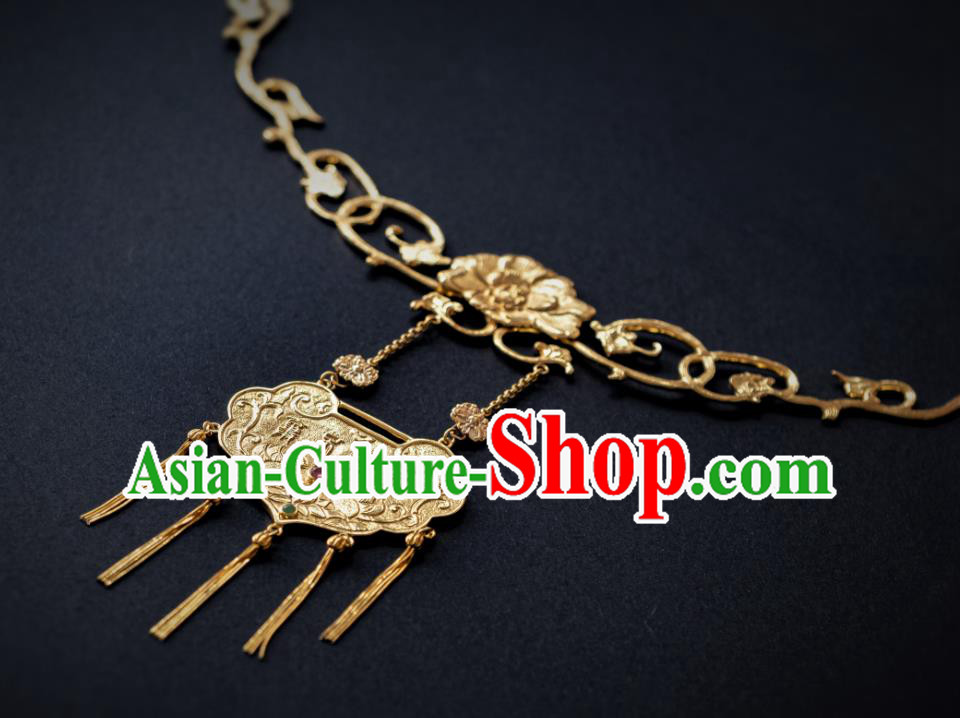 Chinese Traditional Ming Dynasty Gilding Longevity Lock Tassel Necklace Jewelry Ancient Noble Lady Gems Accessories