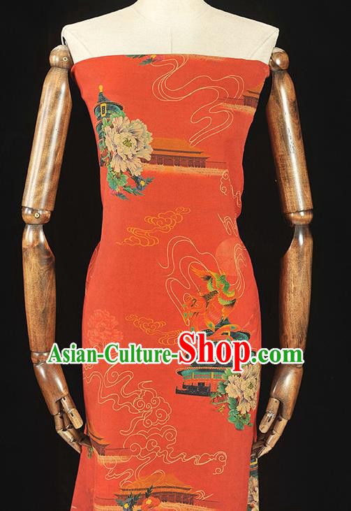 Top Grade Silk Fabric Chinese Cheongsam Red Gambiered Guangdong Gauze Traditional Heaven Temple Pattern Silk Drapery