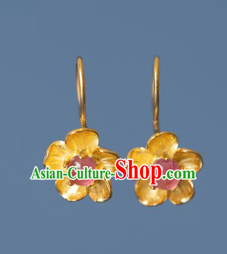 China Traditional Ming Dynasty Gilding Peach Blossom Earrings Ancient Court Lady Tourmaline Ear Jewelry